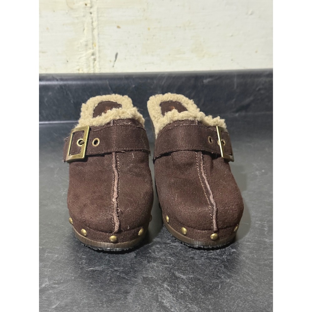 Maurices Brown Faux Suede Shearling Lined Clog Mules Studded Buckle Heels 7M